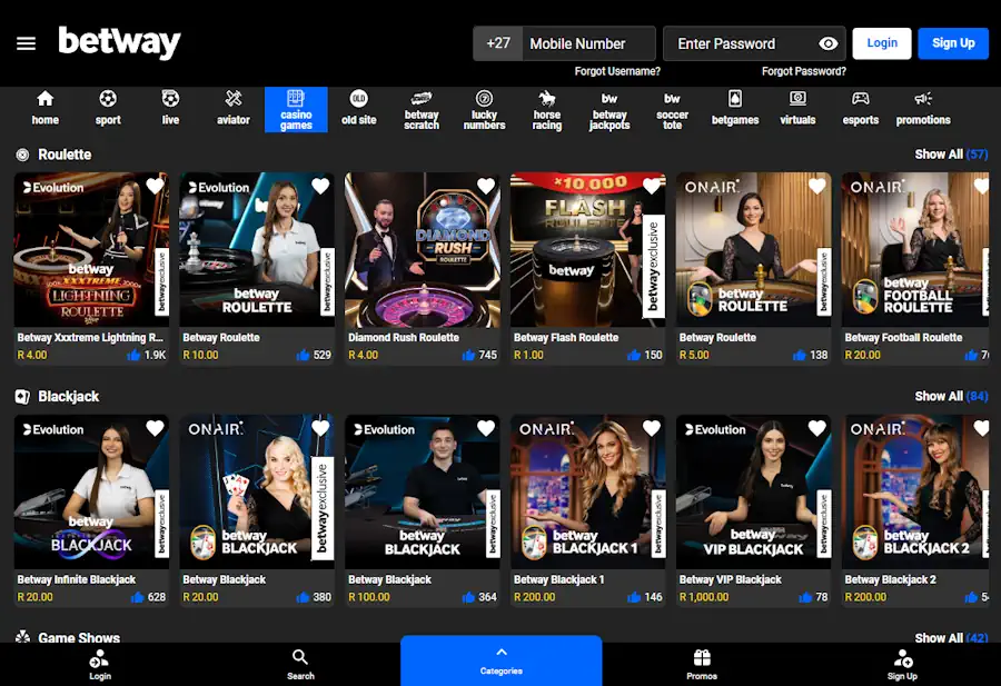Betway Live Games Screenshot